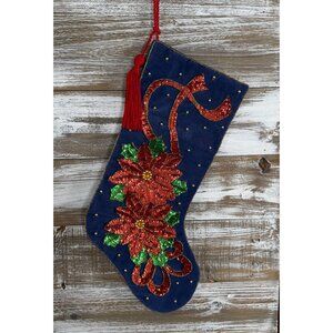 Vintage Blue VELVET Plush SEQUIN Poinsettia Christmas Stocking Beautiful